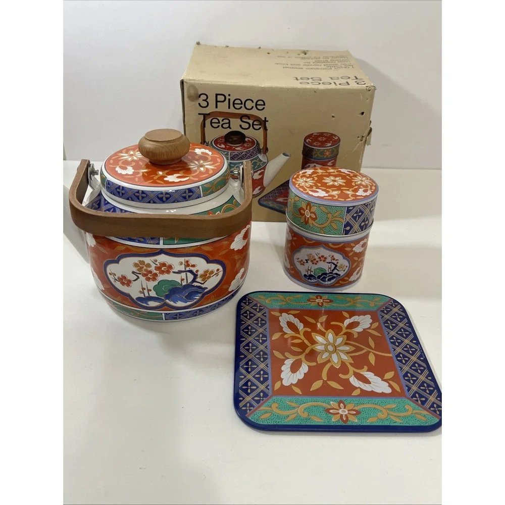 Tea Set 3piece tea set From Japan, Hand Painted,‎ Porcelain Enamel Wood Handle